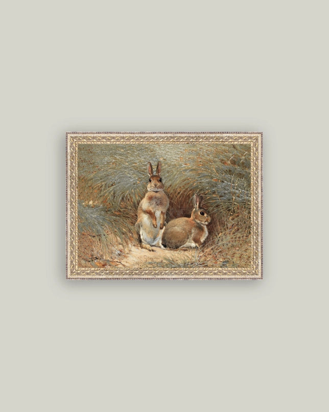 Bunnies Framed Antique Art 16x12