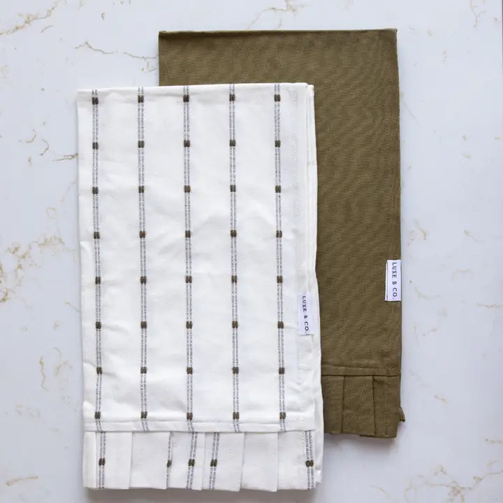 White Embroidery Olive Green Stripes Ruffle Kitchen Dish Towel