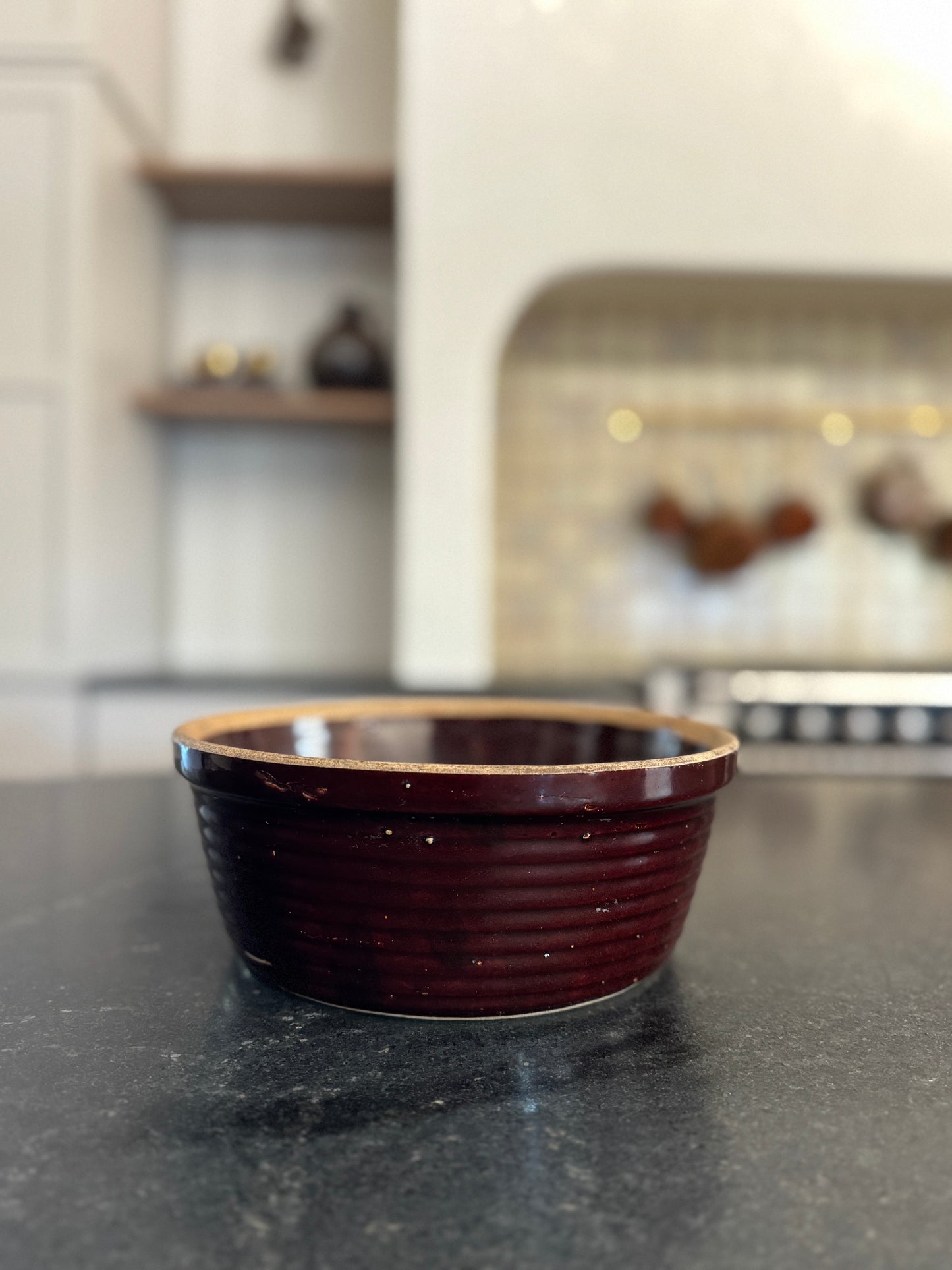 Raisin Stoneware Bowl with Brown Rim - Vintage