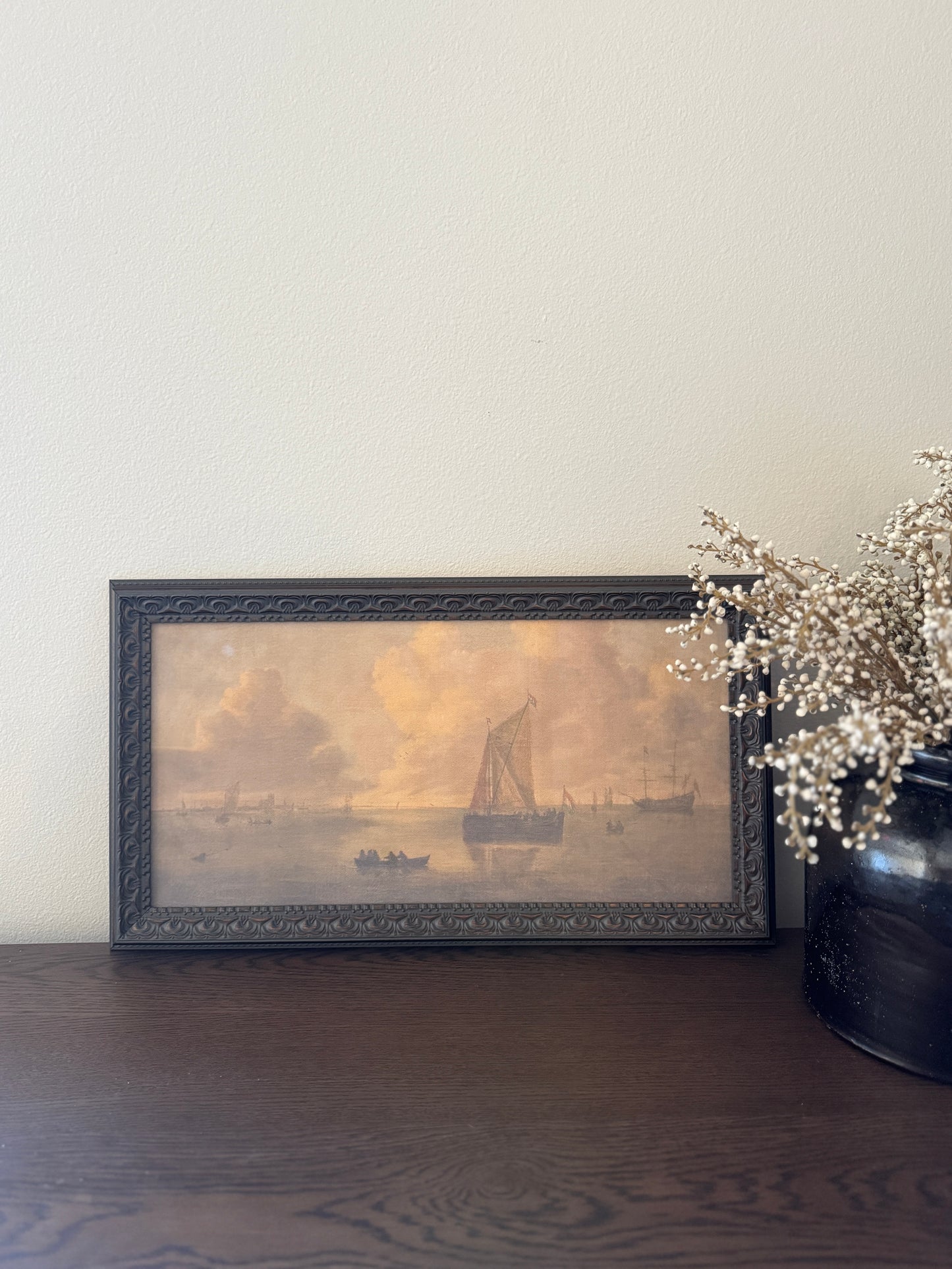 Seascape Town Framed Antique Art 20 x 11