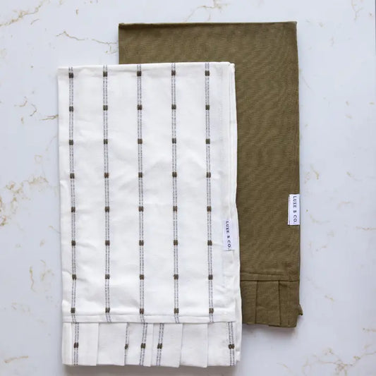 White Embroidery Olive Green Stripes Ruffle Kitchen Dish Towel